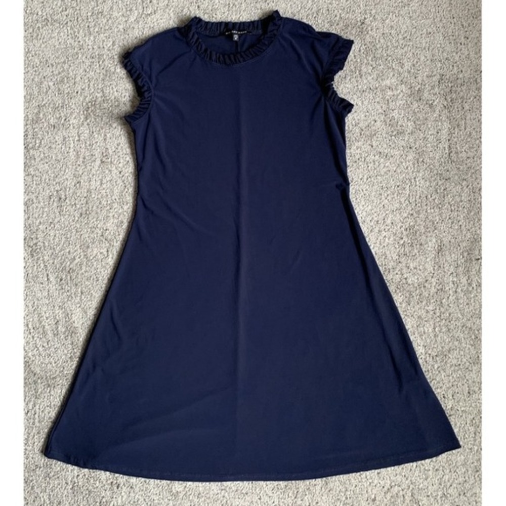 NIK AND NASH Navy‎ Blue Dress w/ Ruffled High Neck And Sleeve Medium Made In USA